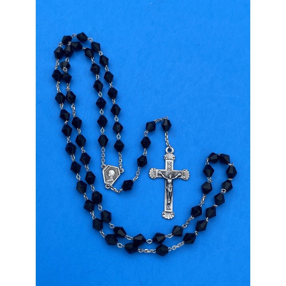 Vtg Black Bicone Faceted Glass Petite Rosary, 800 Silver, Roma, 15” Christianity